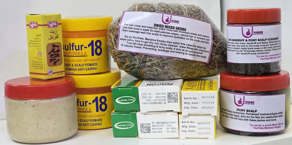 Assorted health and beauty products including jars, boxes, and a bag of dried mixed herbs.
